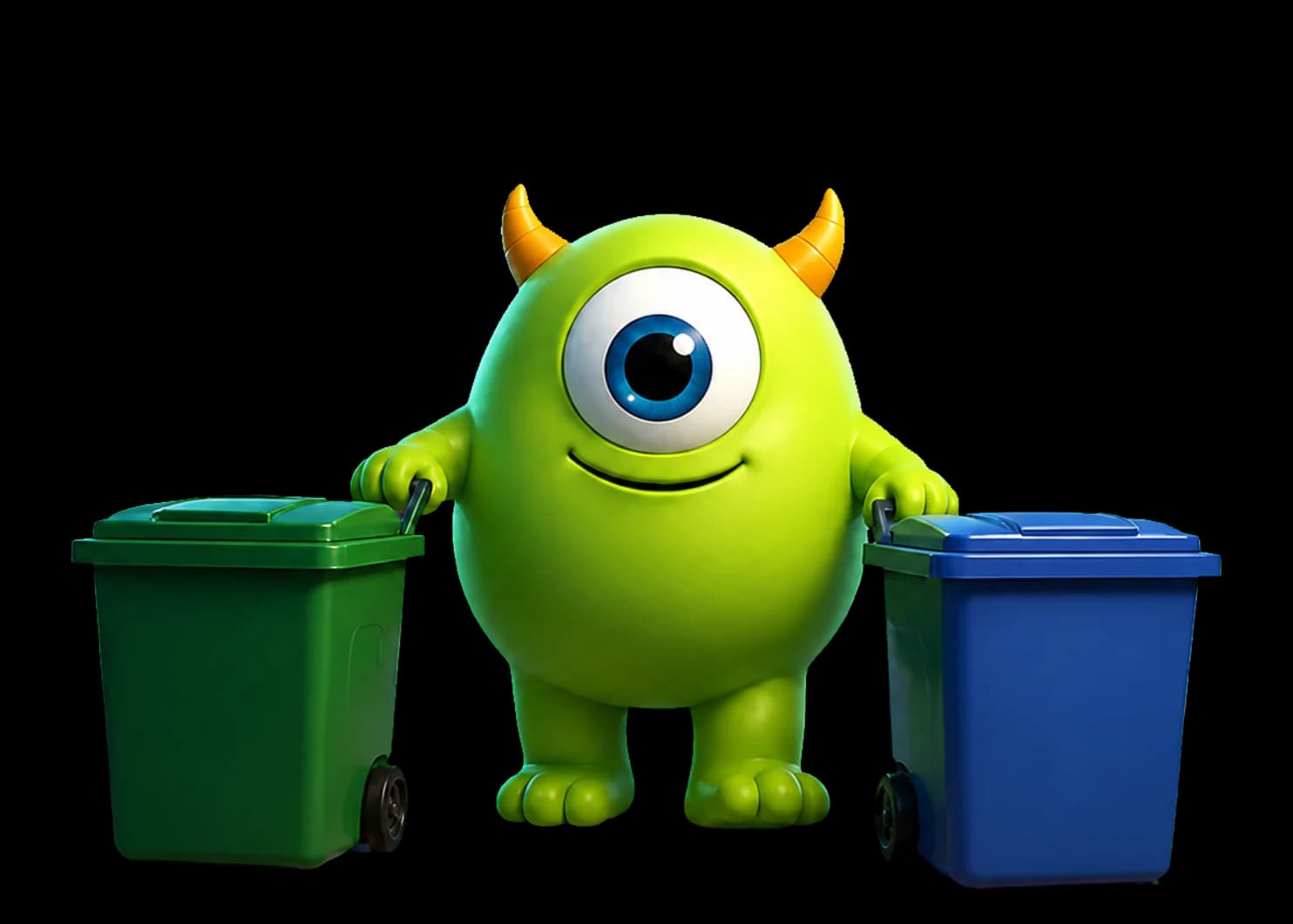 CurbMonster holding a green trash cart and a blue recycling cart
